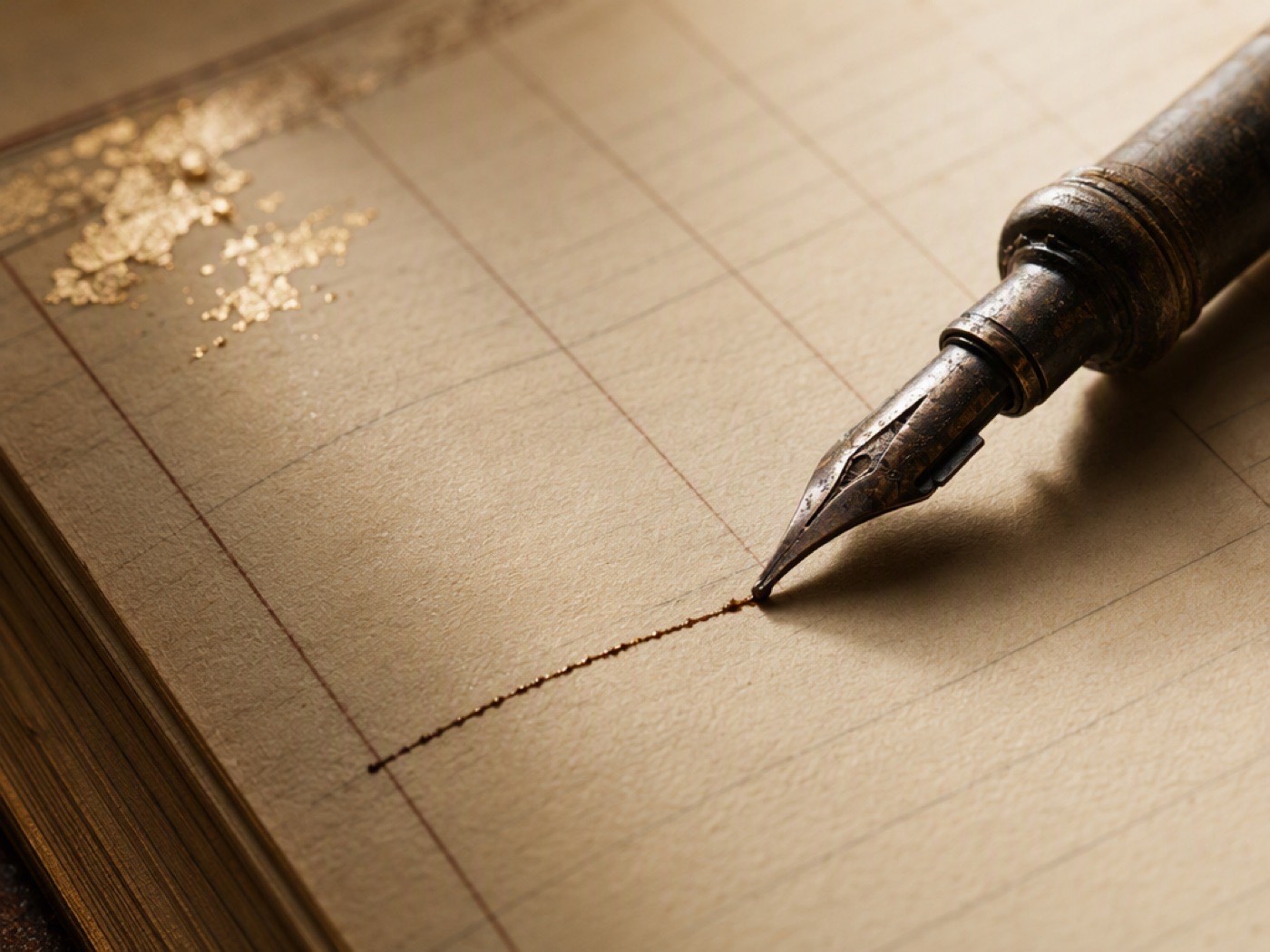 Steel dip-pen nib resting on an open ledger